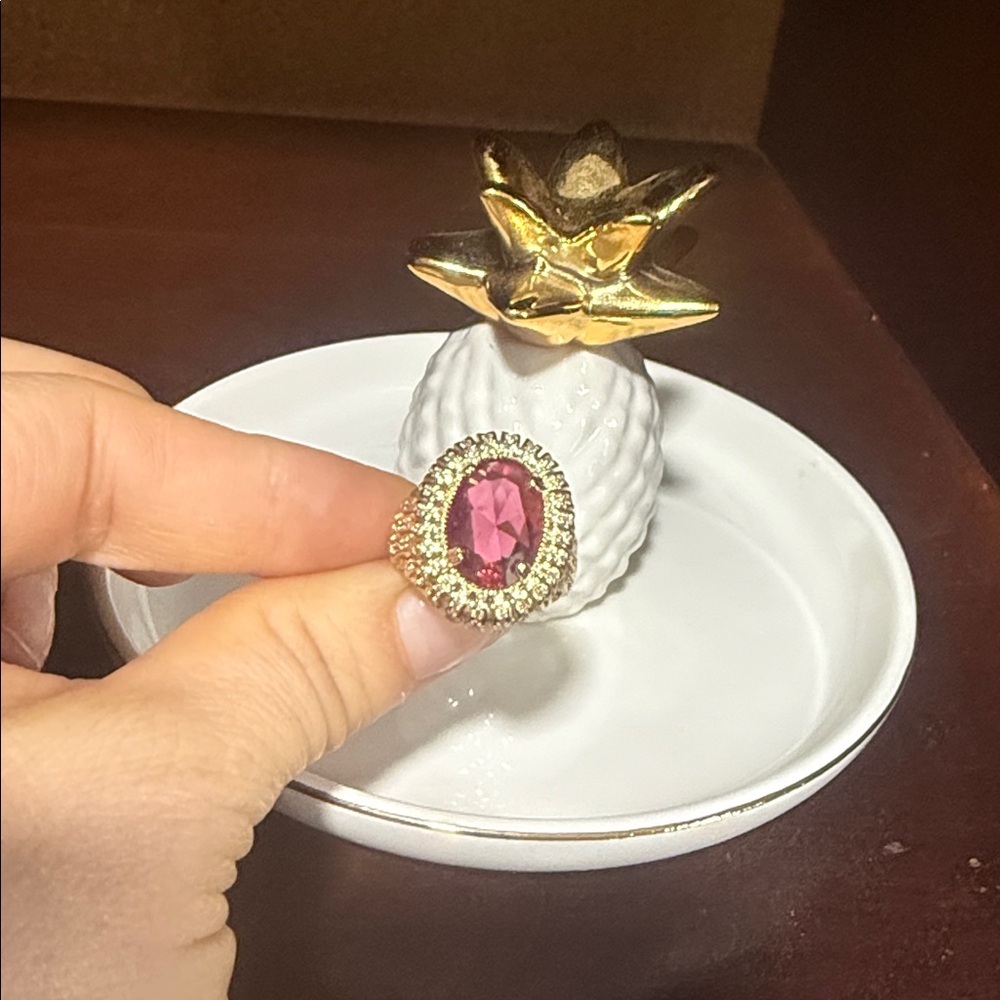 14K Gold Plated Statement Red Oval Ring open size ring